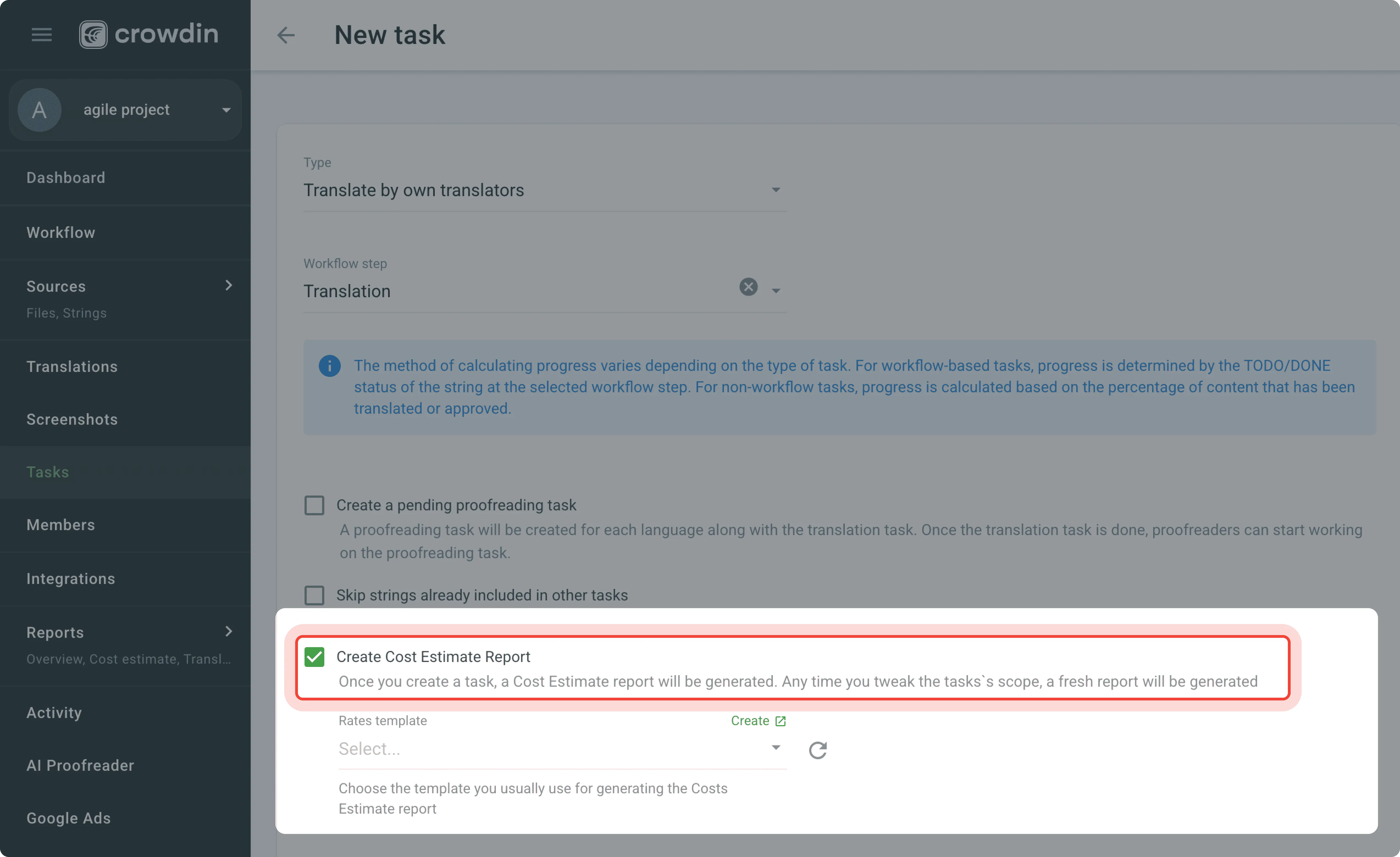 Cost Estimate on Task Creation